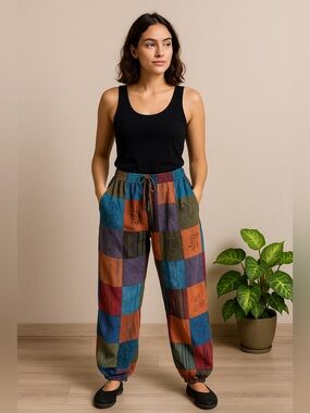 Handmade 100% Organic Cotton Trousers Boho Multicolor Patchwork Pants Size‎ S/M